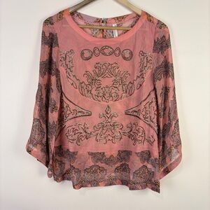 Anthropologie Pink Gold Sequin Sheer Boho Paisley Blouse
